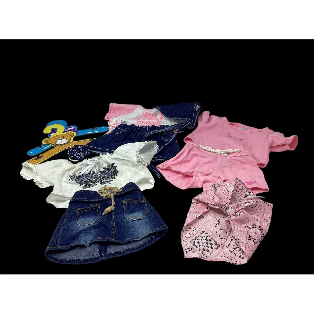 Lot of 8 Build A Bear Clothes (3) Outfits Jean Skirts, Shirts,Bandanas